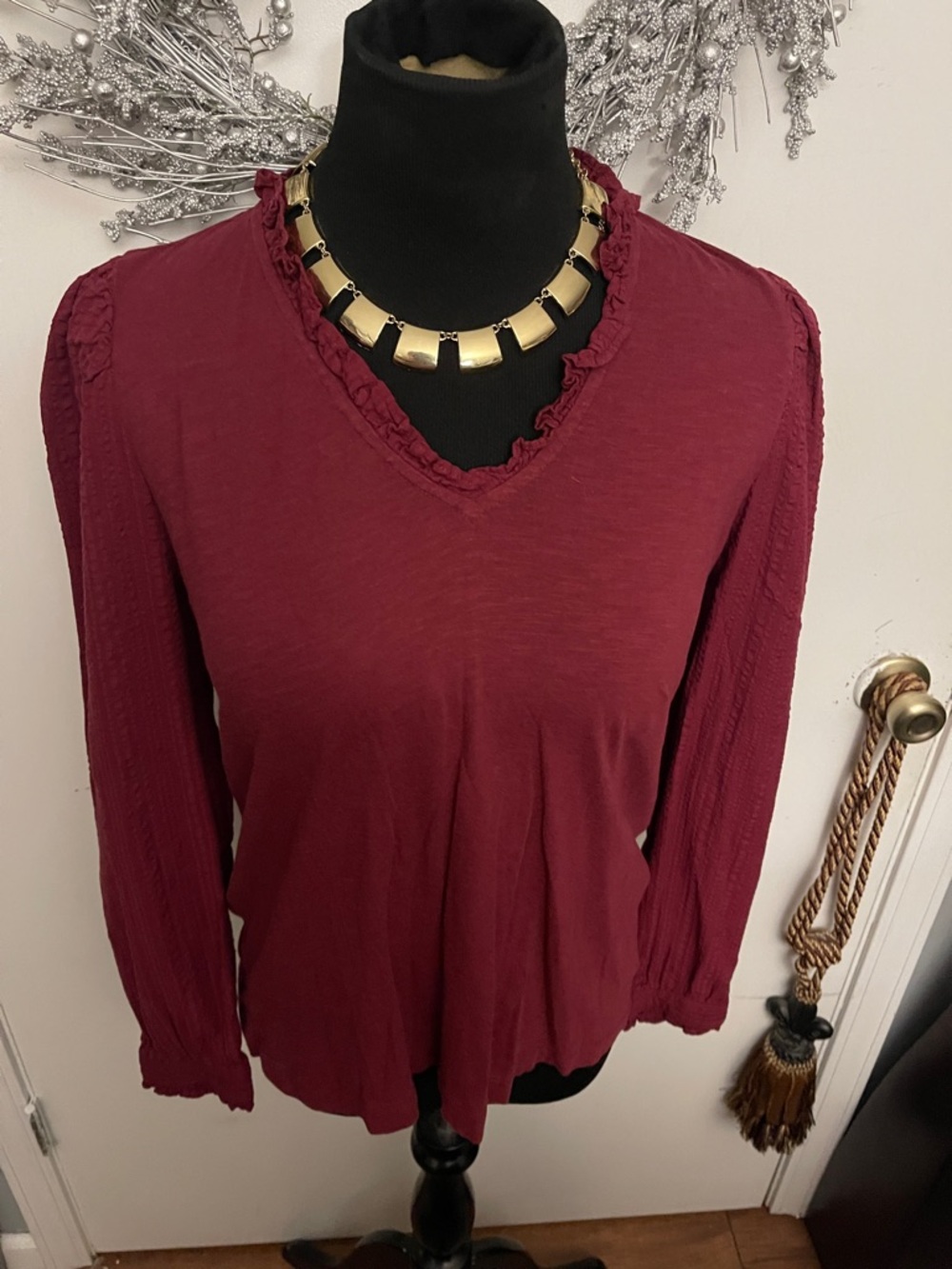 LOFT Burgundy Ruffled V-Neck Long-Sleeve Top